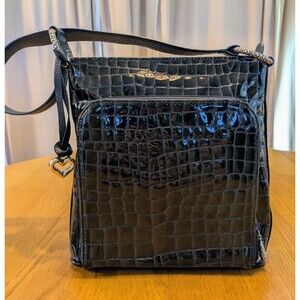 Brighton Sonny Black  Patent Leather Crocodile Shoulder Bag with Organizer Purse